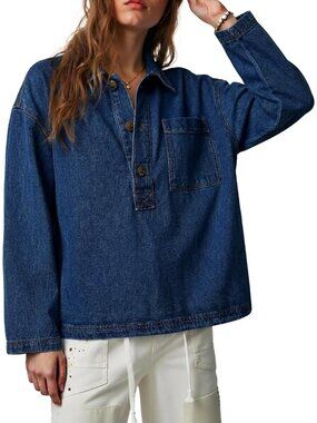 Women’s Dark Blue Denim Long Sleeve Button Up V Neck Jean Shirt Top Blouses